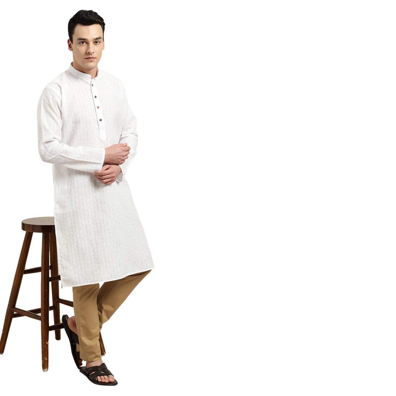 Sojanya (Since 1958 Men'S Cotton Linen White Checked Only Long Kurta, Size 36 - Image 5